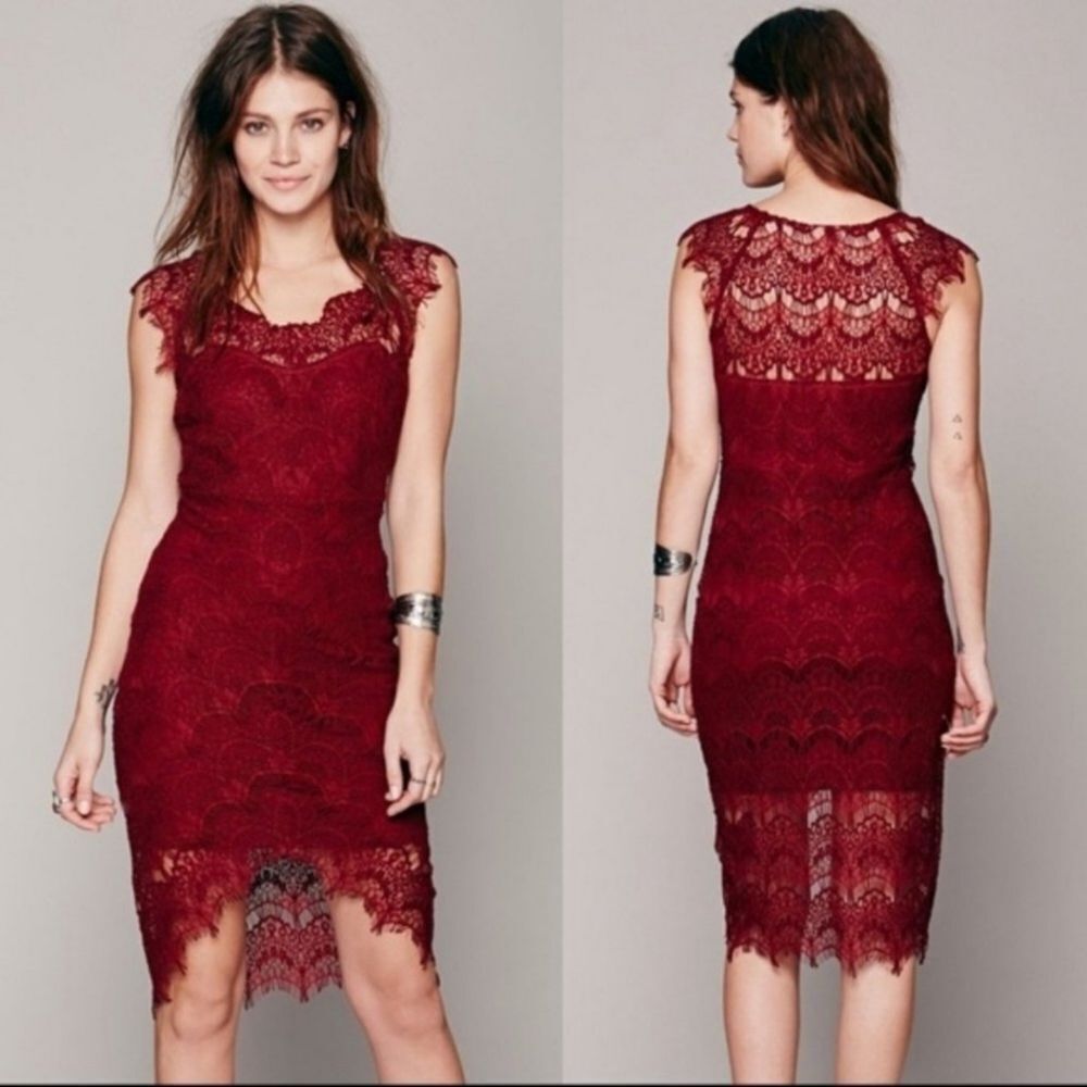 Free People‎ Peek A Boo Cranberry Lace Slip Dress Size Medium